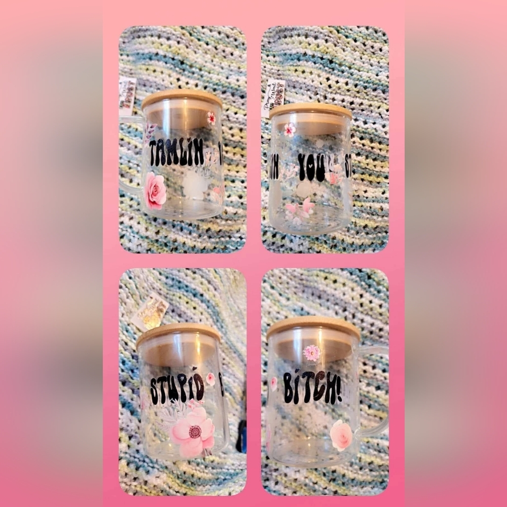 Floral Glass Mug with Tan Lid